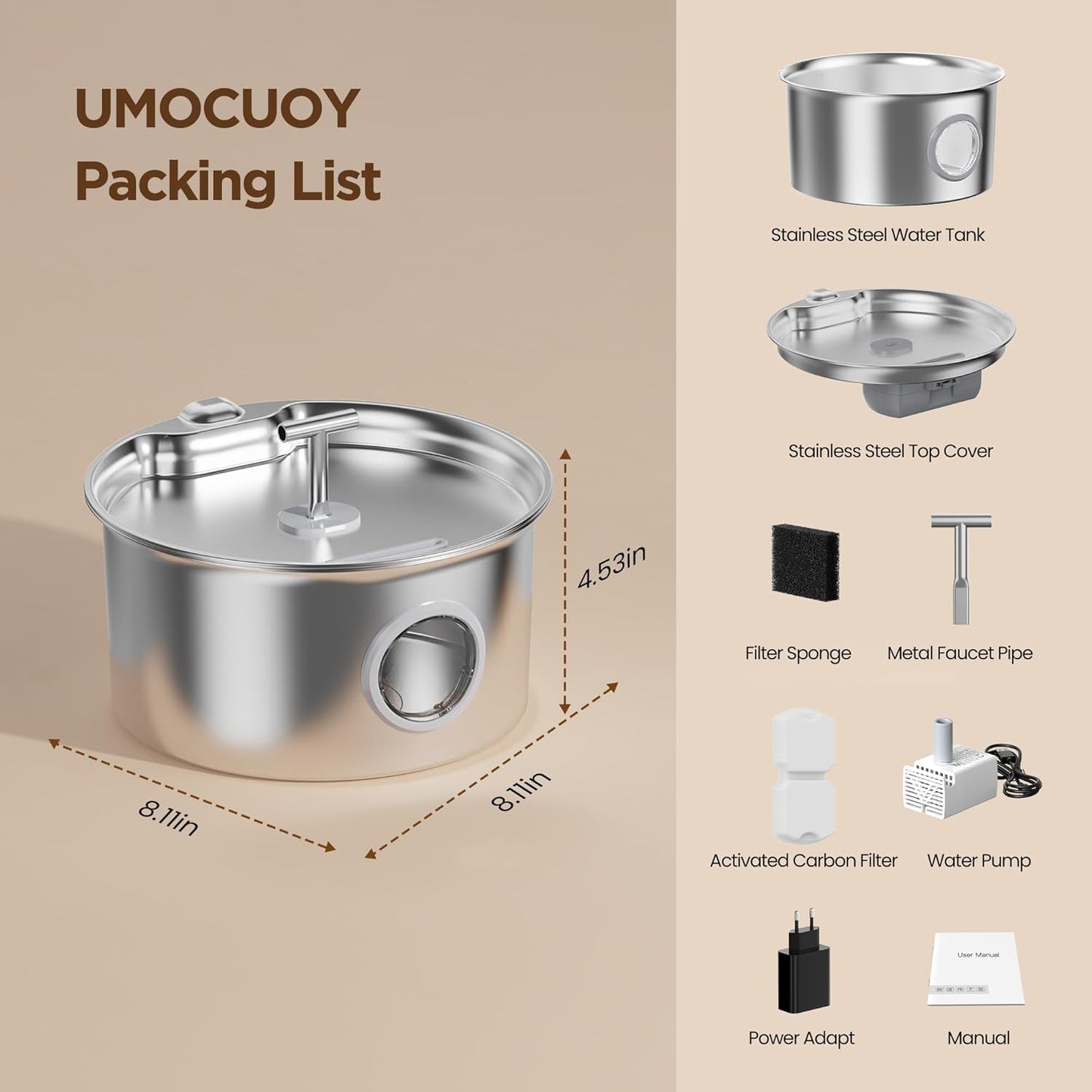 304 Stainless Steel Pet Water Fountain 2.6L – Quiet Pump, LED, Multi-Filter - Queenkong