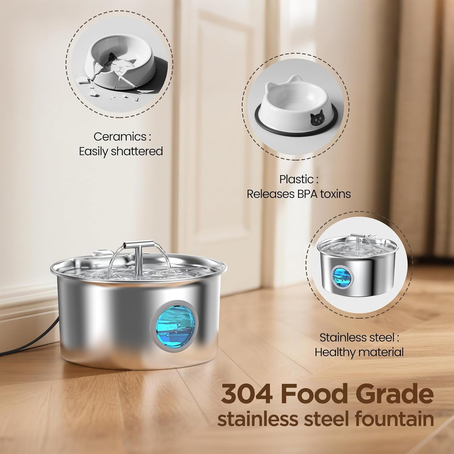 304 Stainless Steel Pet Water Fountain 2.6L – Quiet Pump, LED, Multi-Filter - Queenkong