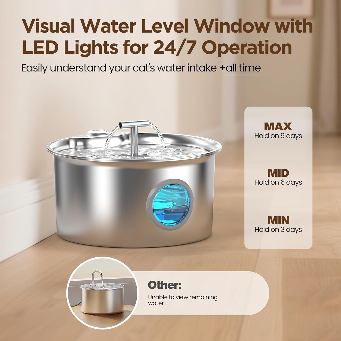 304 Stainless Steel Pet Water Fountain 2.6L – Quiet Pump, LED, Multi-Filter - Queenkong