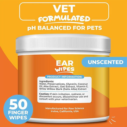 Dog Ear Wipes – Hypoallergenic Finger Wipes for Dogs & Cats (50 Count) Queenkong