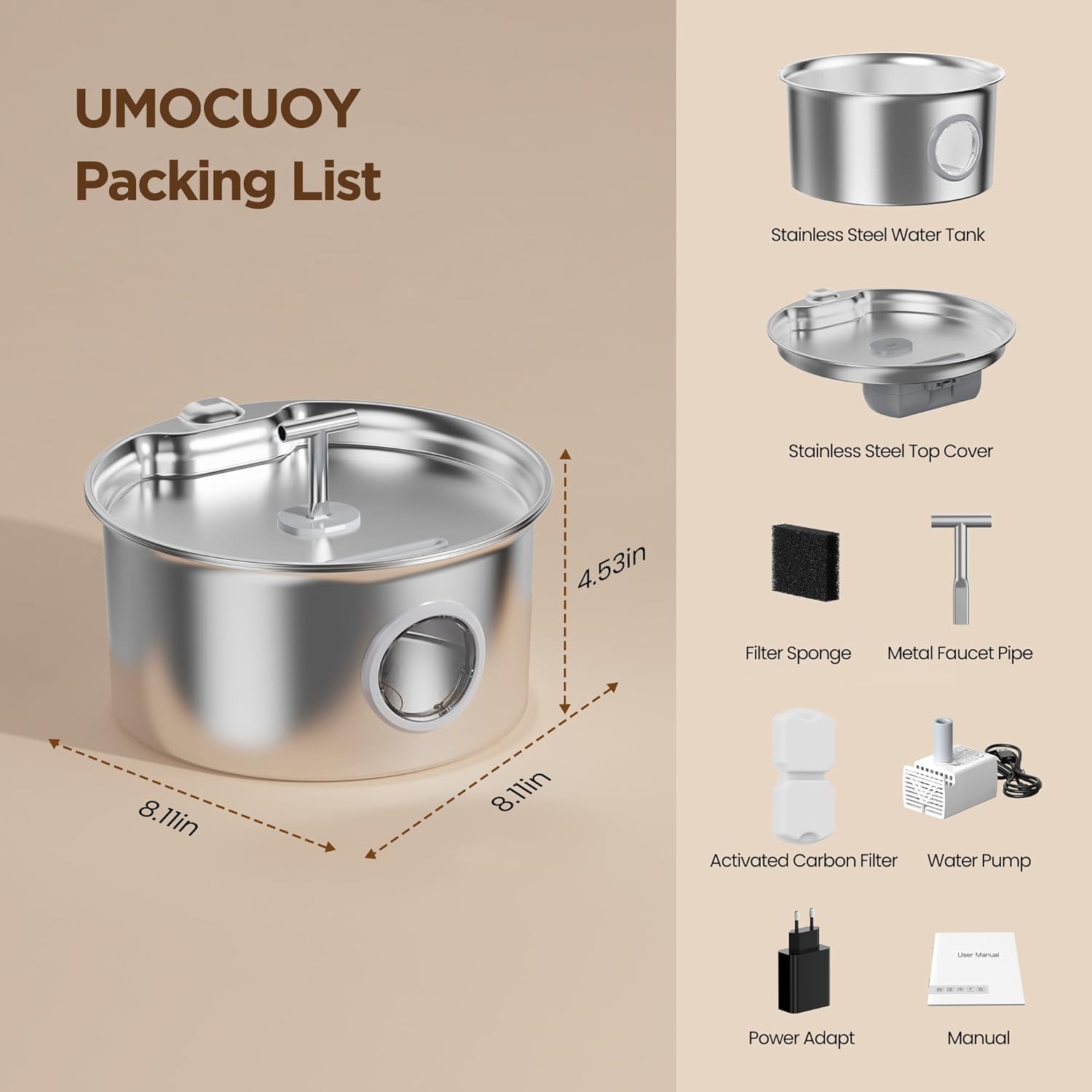304 Stainless Steel Pet Water Fountain 2.6L – Quiet Pump, LED, Multi-Filter - Queenkong