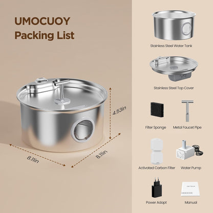 304 Stainless Steel Pet Water Fountain 2.6L – Quiet Pump, LED, Multi-Filter - Queenkong