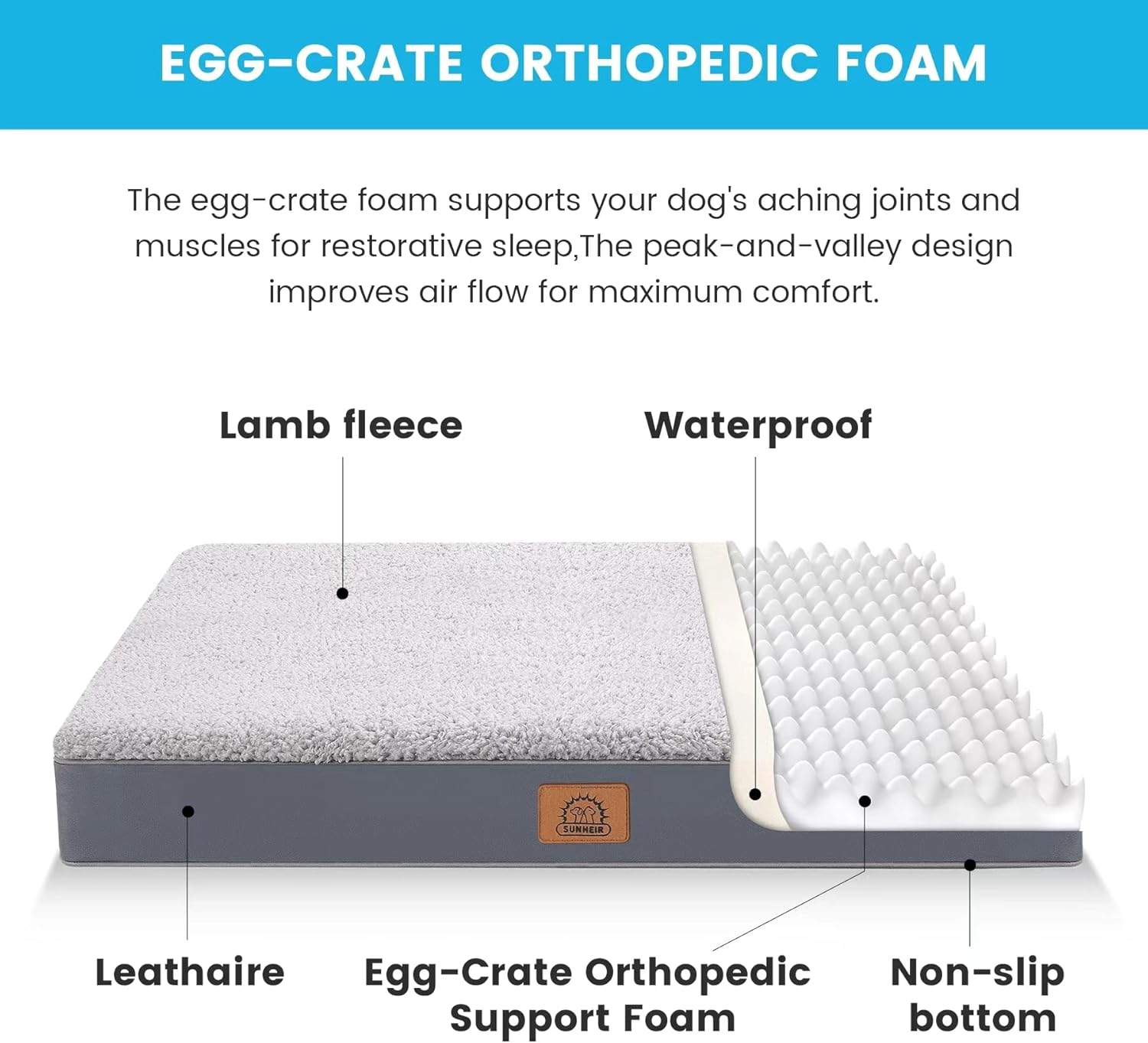 Orthopedic Egg-Crate Dog Bed – Waterproof Liner, Washable Cover, Non-Slip (M–XL) - Queenkong