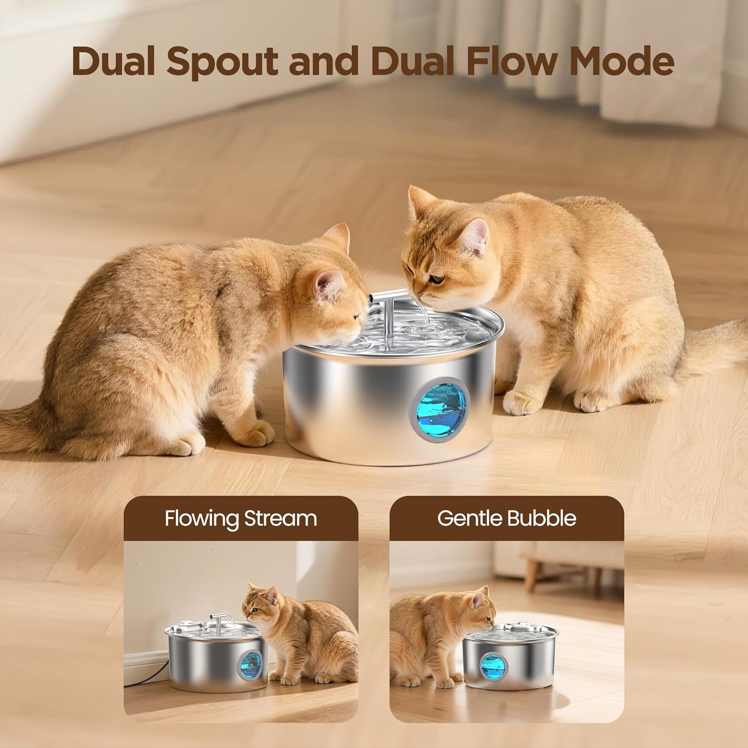 304 Stainless Steel Pet Water Fountain 2.6L – Quiet Pump, LED, Multi-Filter - Queenkong