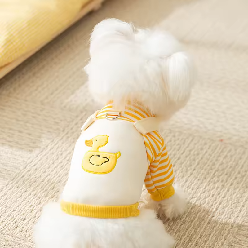 Cute Duck Dog Outfit with D-Ring – Striped Puppy Overalls Queenkong