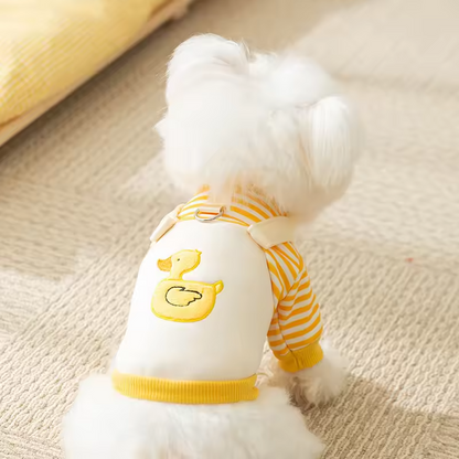 Cute Duck Dog Outfit with D-Ring – Striped Puppy Overalls Queenkong