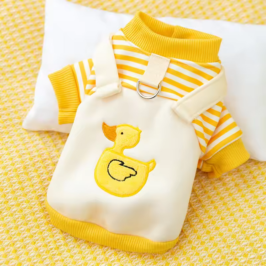 Cute Duck Dog Outfit with D-Ring – Striped Puppy Overalls Queenkong