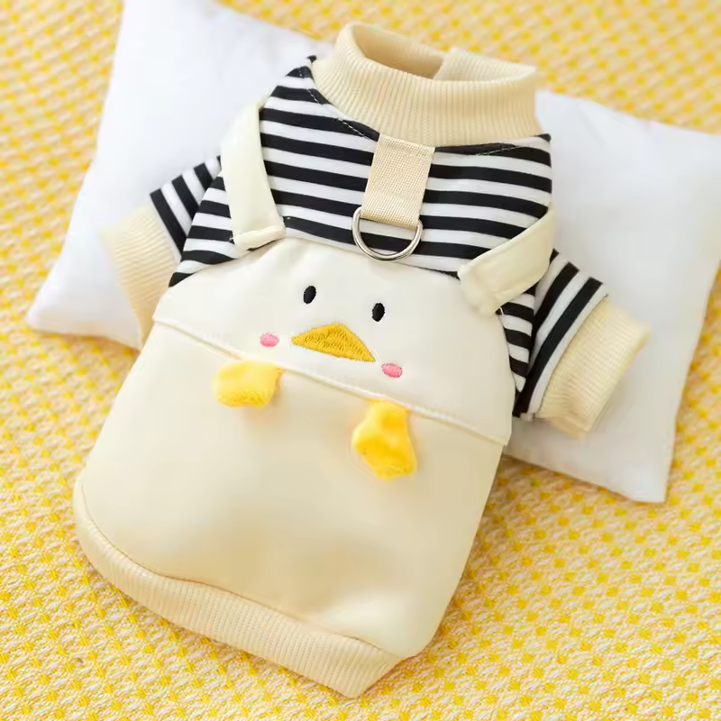 Cute Duck Dog Outfit with D-Ring – Striped Puppy Overalls Queenkong