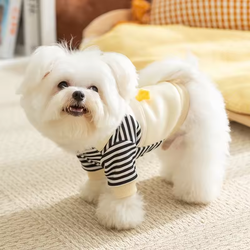 Cute Duck Dog Outfit with D-Ring – Striped Puppy Overalls Queenkong
