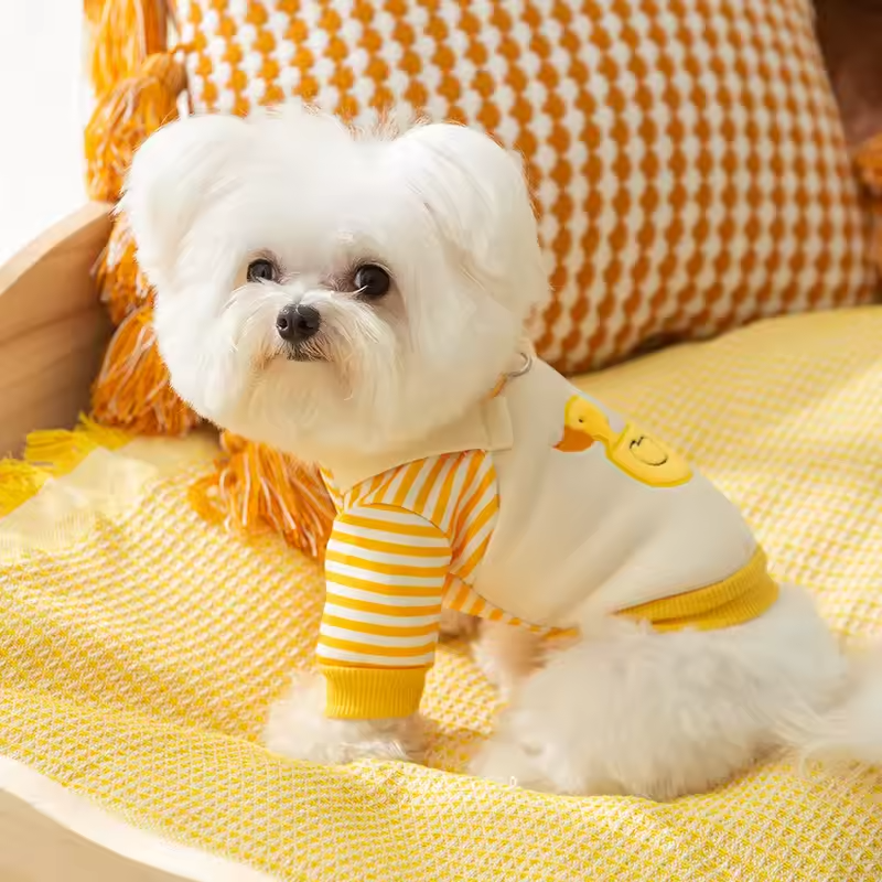 Cute Duck Dog Outfit with D-Ring – Striped Puppy Overalls Queenkong