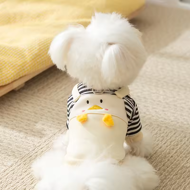 Cute Duck Dog Outfit with D-Ring – Striped Puppy Overalls Queenkong