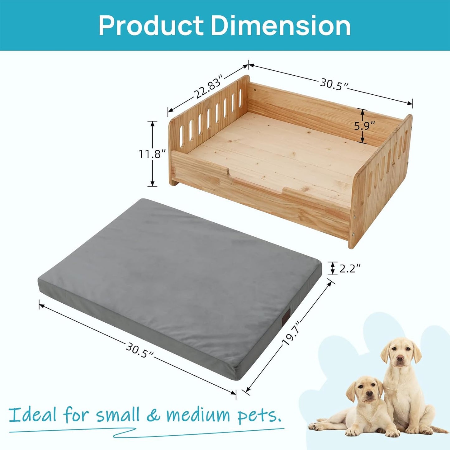 Wooden Pet Sofa – Stylish Dog Bed with Washable Cushion for Small & Medium Dogs Queenkong