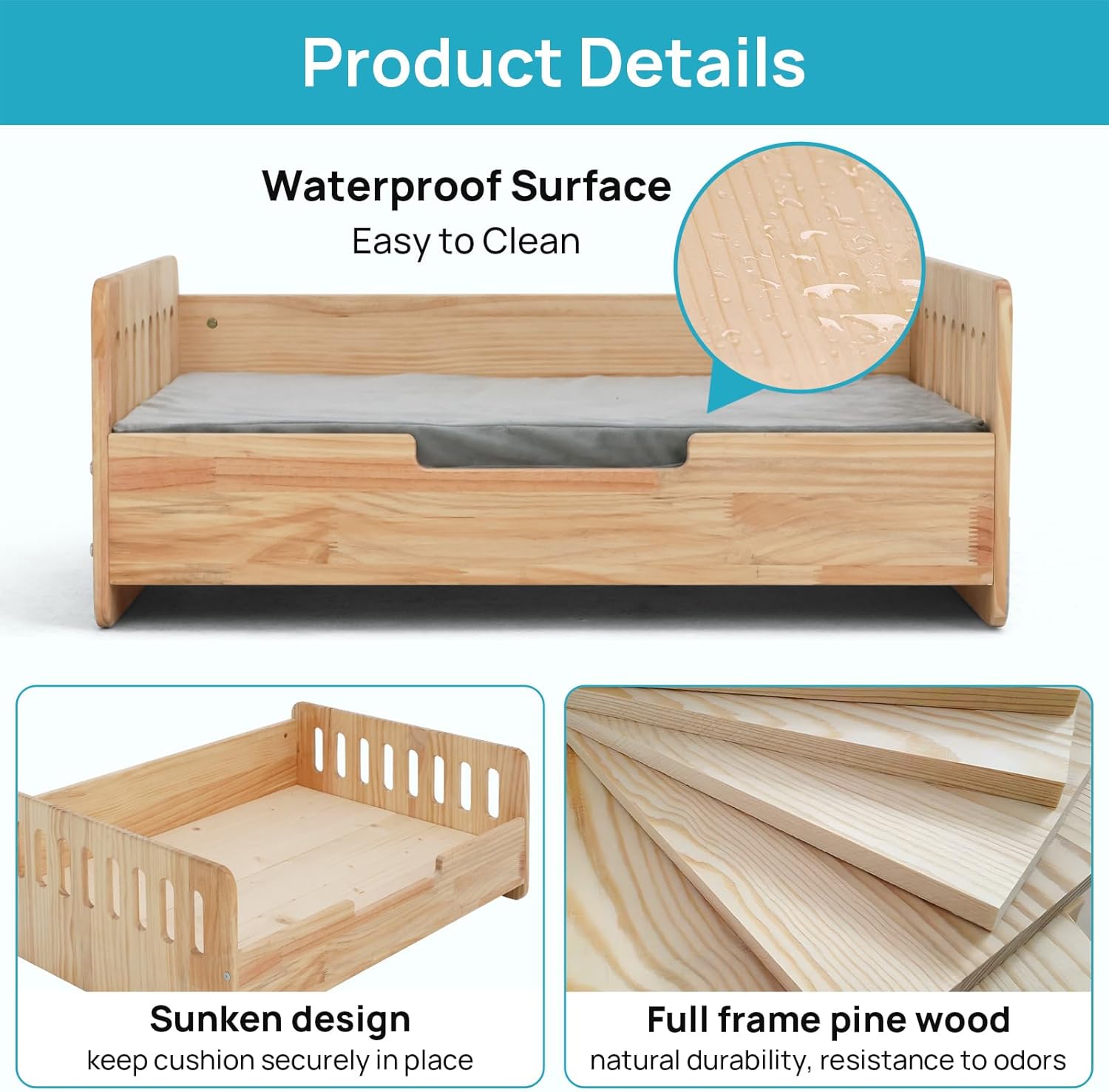 Wooden Pet Sofa – Stylish Dog Bed with Washable Cushion for Small & Medium Dogs Queenkong